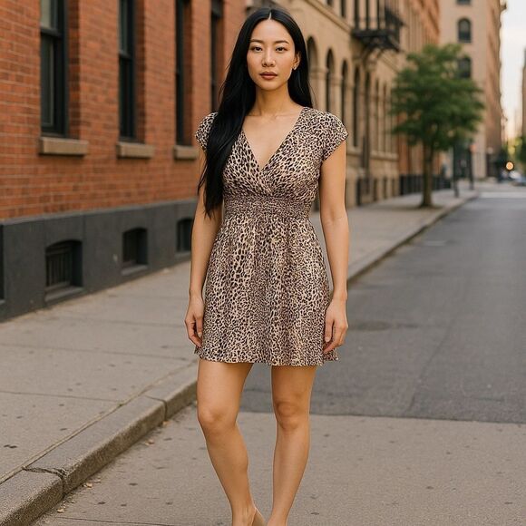 Lily White Dress Leopard Print Smocked Waist Mini Size Medium - Picture 14 of 14